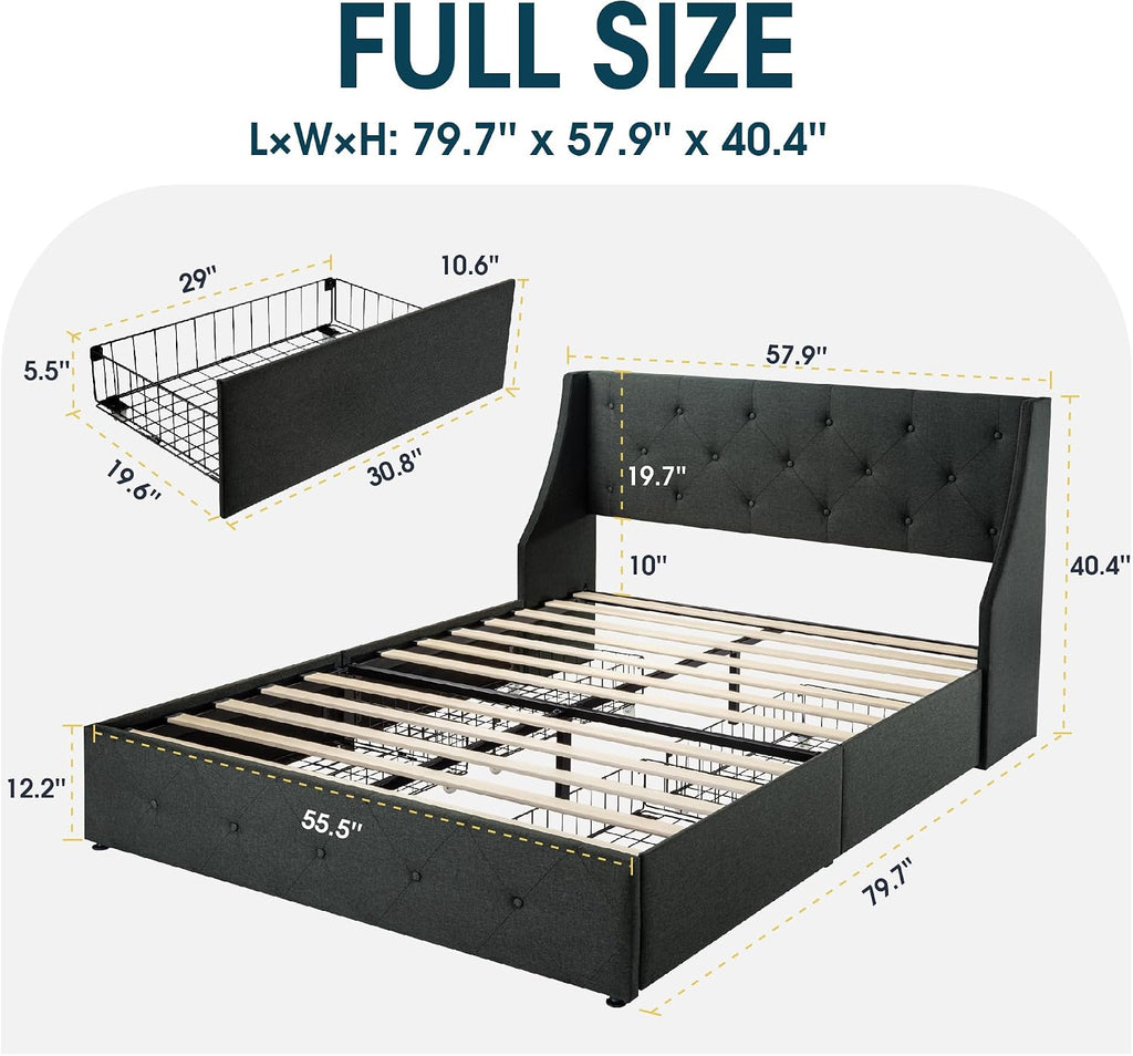 WEEWAY Upholstered Full Size Bed Frame with 4 Storage Drawers and Wingback Headboard, Button Tufted Design, No Box Spring Needed, Easy Assembly, Dark Grey