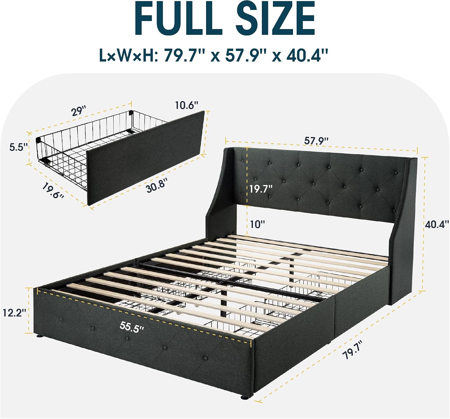 WEEWAY Upholstered Full Size Bed Frame with 4 Storage Drawers and Wingback Headboard, Button Tufted Design, No Box Spring Needed, Easy Assembly, Dark Grey
