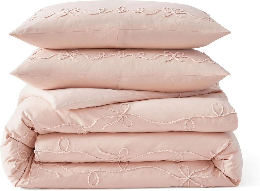 Peri Home Bows Bedding Cottage Core 100% Cotton 3-Piece Comforter and Sham Set, King, Blush Sasha Bows