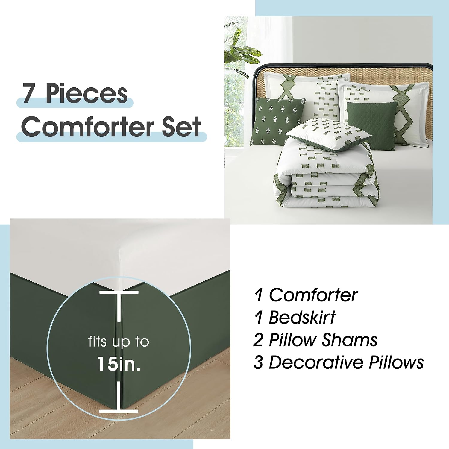 LANCO MODERN LIFESTYLE 7 Piece Green and White Comforter Set, King, Boho Home Decor, Geometric Clip Pattern Bedding Set for All Seasons, Bed in a Bag, Bedskirt, Shams and Decorative Pillows