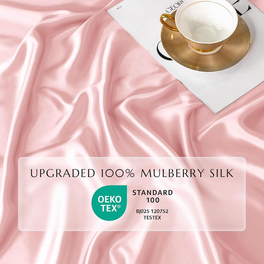 THXSILK 100% Mulberry Silk Fitted Sheet Set, 7A+ Silk 3 Pieces Bed Sheets, Breathable, Smooth, 16 Inch Deep Pocket Fitted Sheet, 2 Pillowcases - Charming Pink, Full
