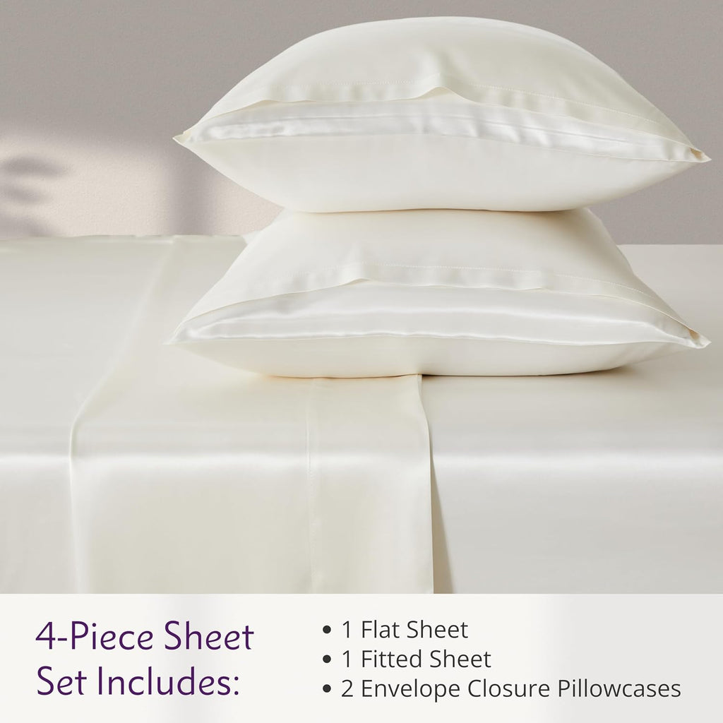 Mulberry Park 100% Silk Sheet Set - 30 Momme, Grade 6A Charmeuse Mulberry Silk - 4pc Set, Cal-King Size with 16' Deep Pocket Fitted Sheet, Ivory