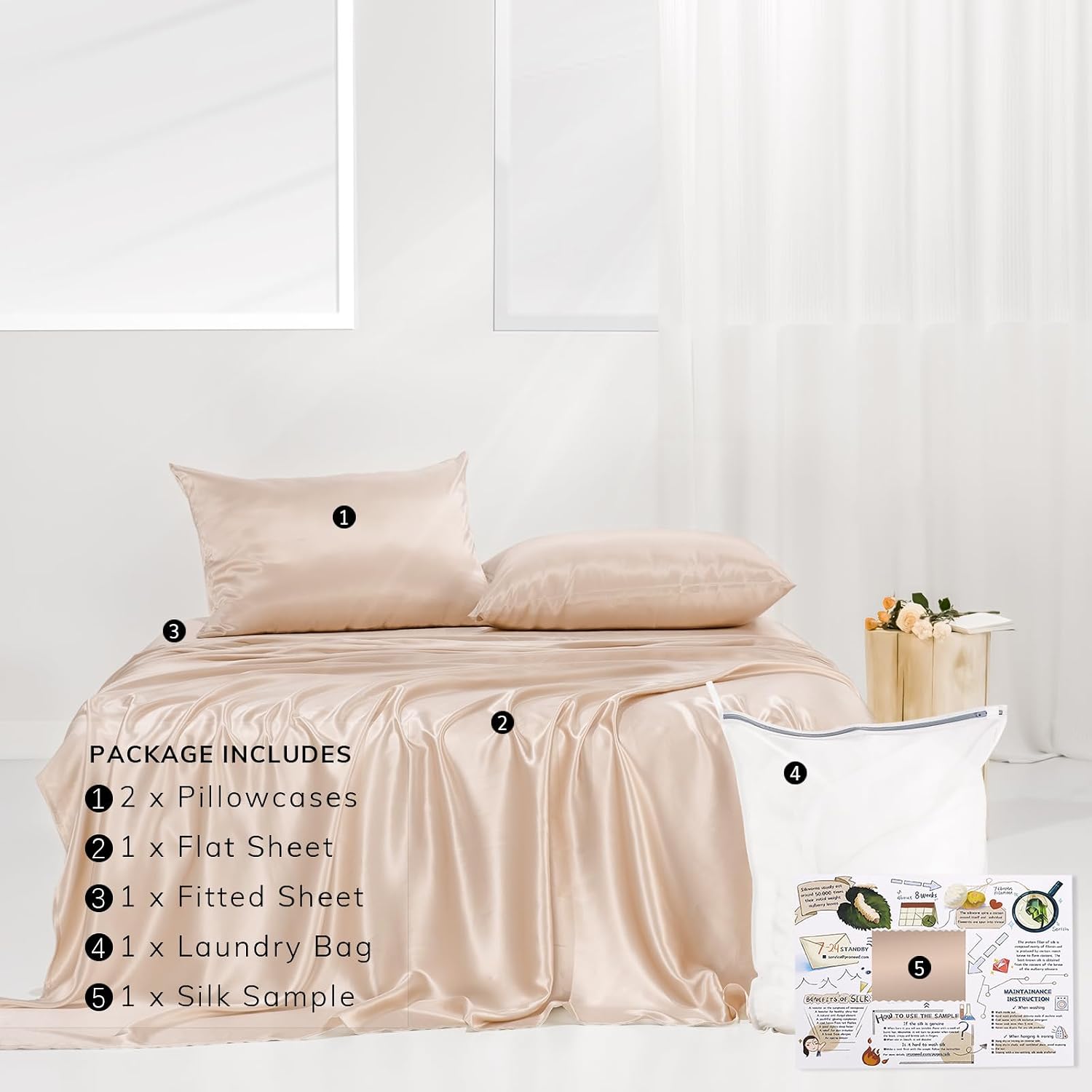 PROMEED 100% Pure Mulberry Silk Sheets King Set, Luxury 23 Momme 4pc Silk Bed Sheet Set, Includes Flat Sheet, Fitted Sheet and Pillowcases (Champagne, King)