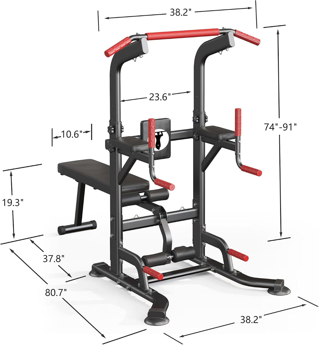 SogesPower Power Tower Pull Up Bar Station Multi-Function Adjustable Height Workout Dip Station Strength Training Equipment for Home Gym Fitness Equipment with Folding Multi-purpose Dumbbell Bench 330LBS