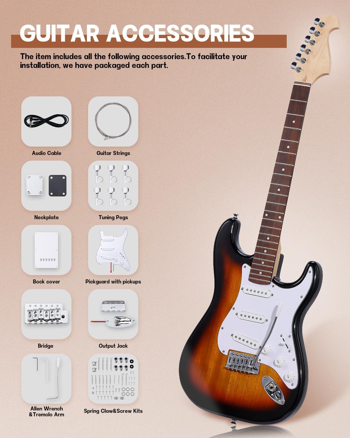 Leo Jaymz DIY ST Style Electric Guitar Kits,Spray-painted Mahogany Body,Laurel Wood Fingerboard and Maple Neck, including all Components (ST Sunburst)