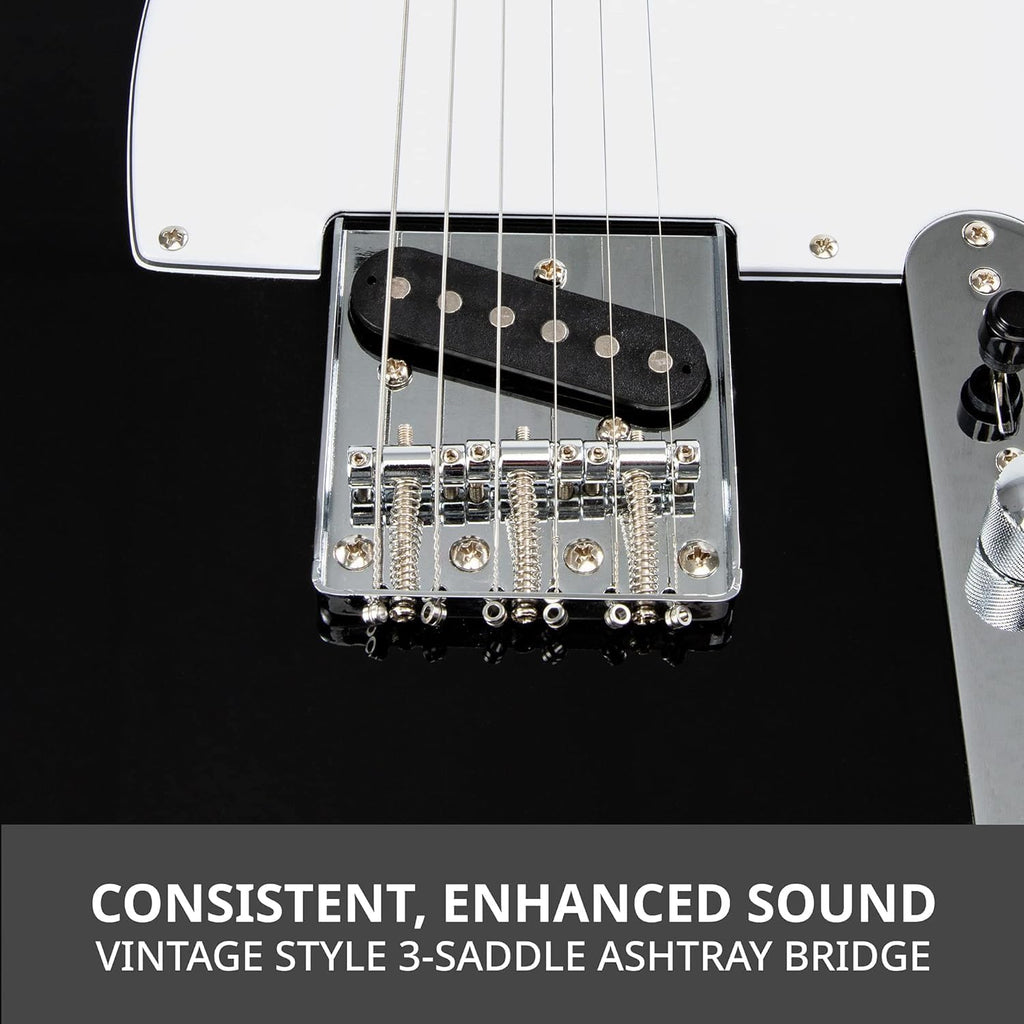 LyxPro 39' Electric Guitar TL Series Full-Size Paulownia Body, 3-Ply Pickguard, 3-Way Switch & Volume/Tone Controls -Black with 60 Watt Amplifier - (Black)