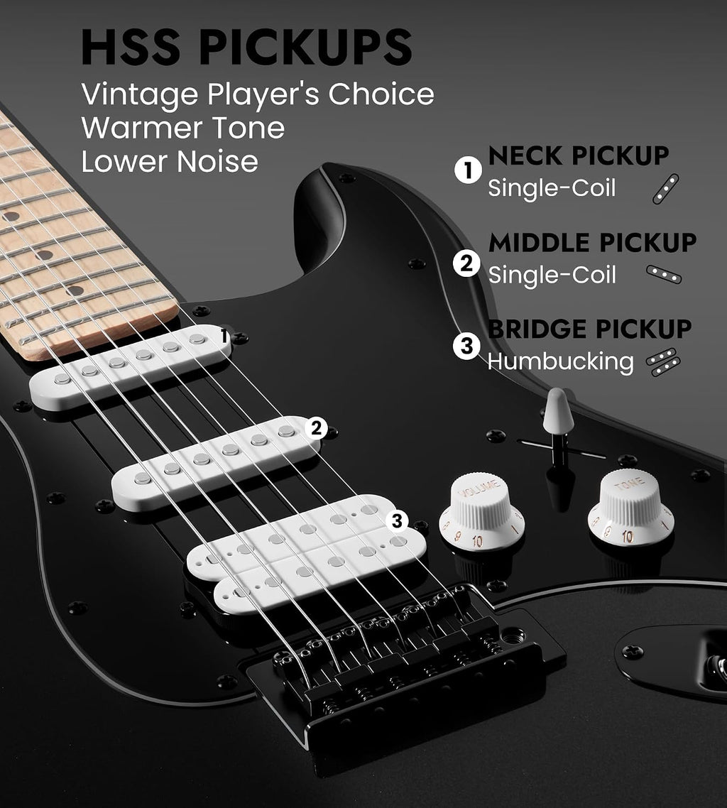Tostar Electric Guitar 39' Kit for Beginners 6 String Bundle with Amp HSS Pickup with Gig Bag,Capo,Tremolo, Strap, Picks Black Electric Guitars Full Size for Gifts