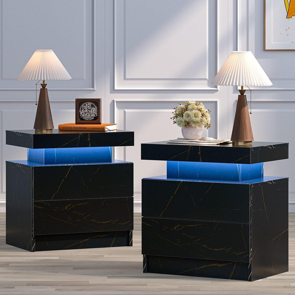Bingoday LED Nightstand Set of 2,Modern Night Stand with 2 Drawers,Bedside Table for Bedroom Set of 2,End Side Table