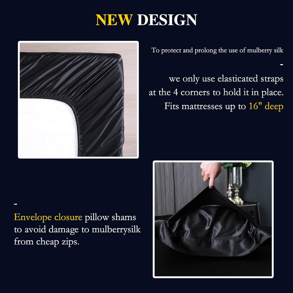 YOUR MOON 100% Mulberry Silk Sheets Set King Size 4 Pcs, 25 Momme Mulberry Silk Bed Sheets, Ultra Soft Luxury Bedding Sets, 1 Fitted Sheet, 1 Flat Sheet, 2 Pillow Shams (Black)