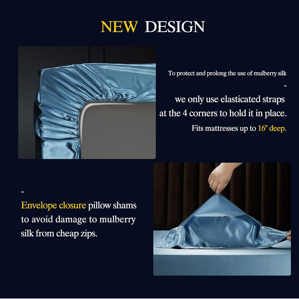 YOUR MOON 100% Mulberry Silk Sheets Set King Size 4 Pcs, 25 Momme Mulberry Silk Bed Sheets, Ultra Soft Luxury Bedding Sets, 1 Fitted Sheet, 1 Flat Sheet, 2 Pillow Shams (Blue Stream)