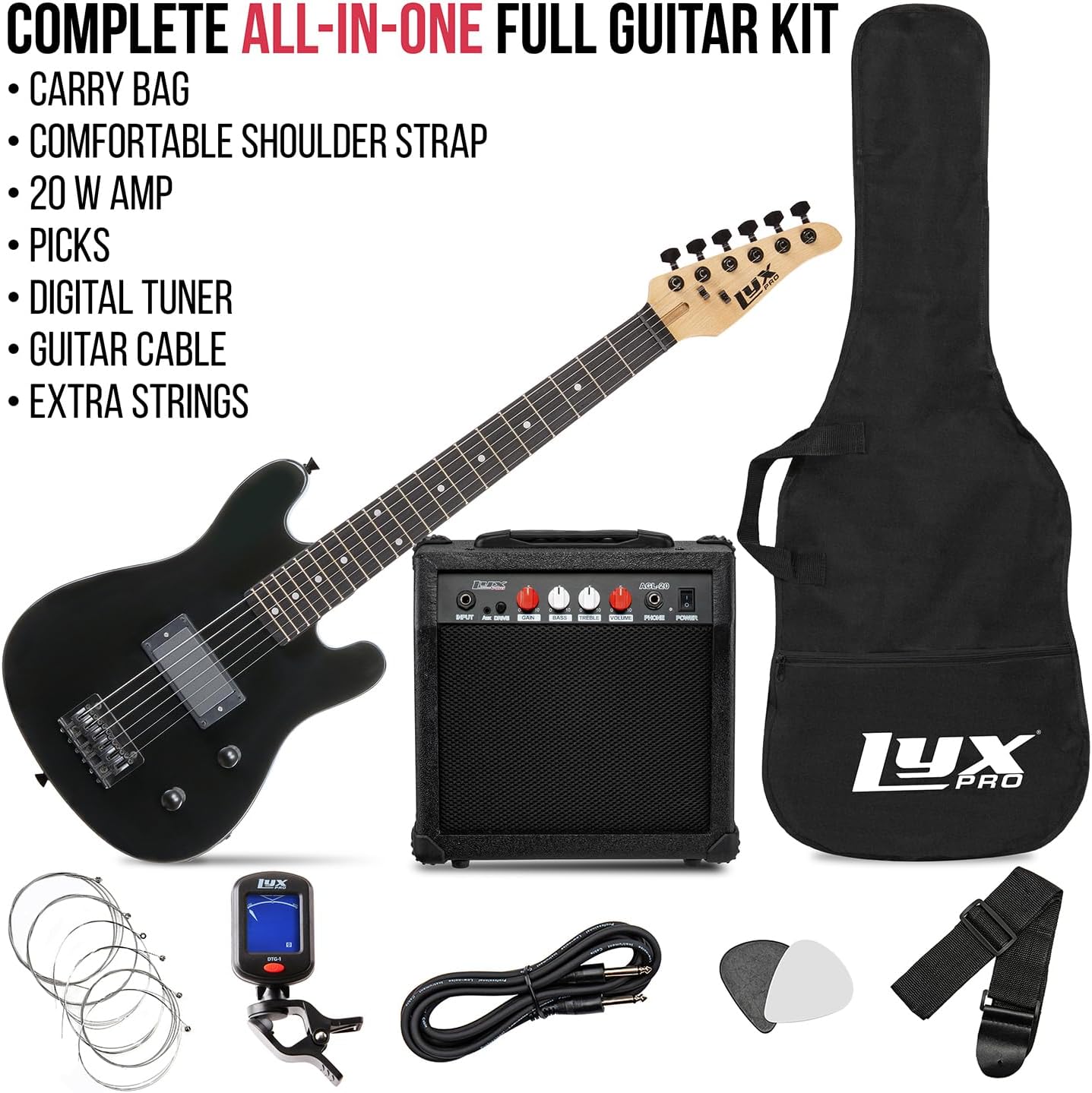 LyxPro 30 Inch Electric Guitar and Starter Kit for Kids with 3/4 Size Beginner's Guitar, Amp, Six Strings, Two Picks, Shoulder Strap, Digital Clip On Tuner, Guitar Cable and Soft Case Gig Bag - Black
