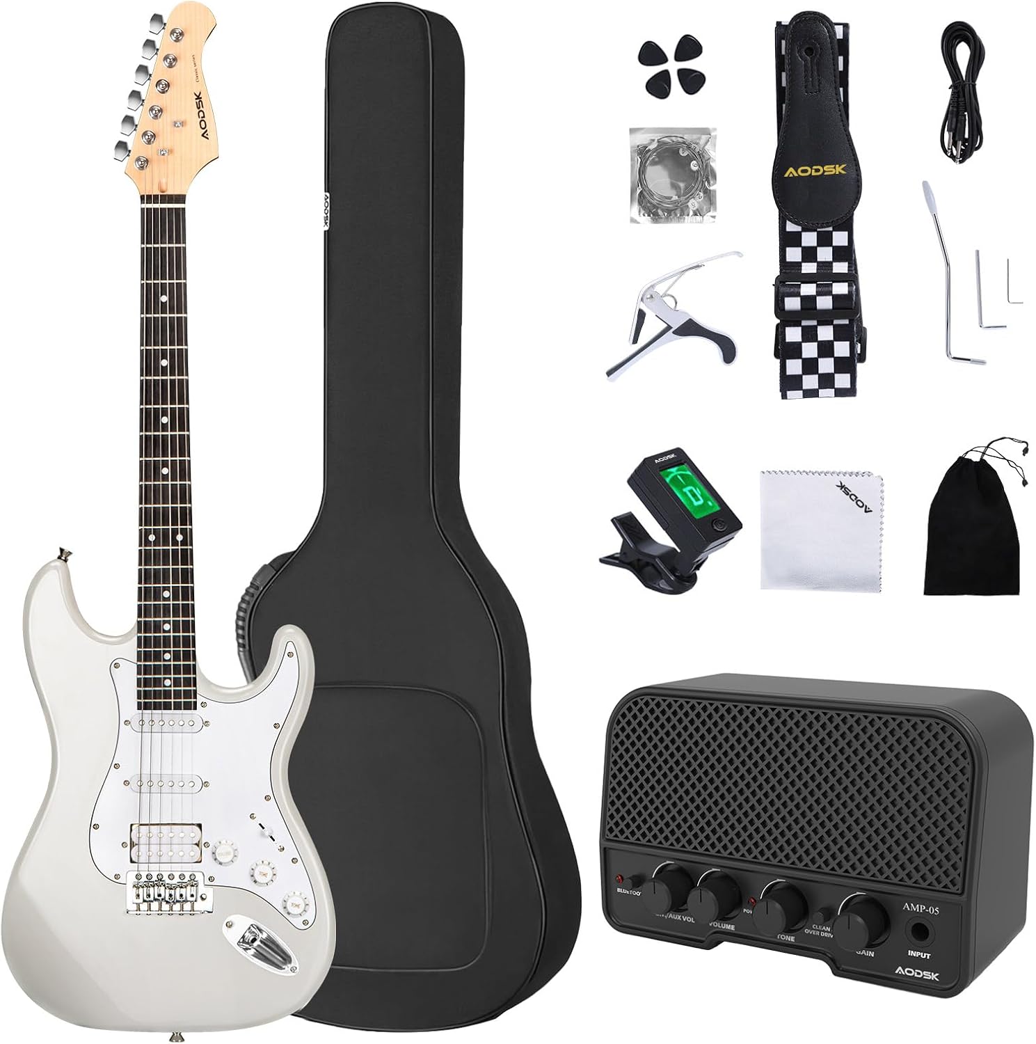 AODSK Electric Guitar with Amp Beginner Kit 39 Inch Solid Body Full Size,All Accessories,Digital Tuner,Six Strings,Four Picks,Tremolo Bar,Strap,Gig Bag,Starter kit (White-HSS)