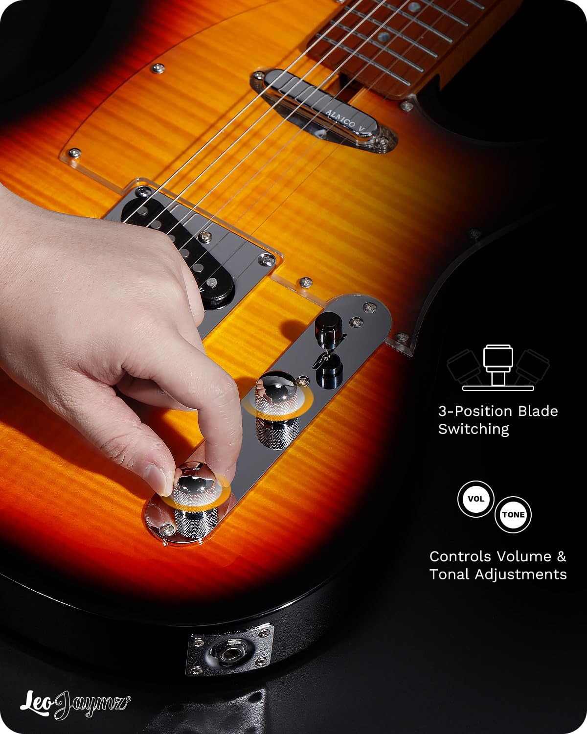 Leo Jaymz TL Electric Guitar - Flame Maple Top, Mahogany Body, Maple Neck - Alnico V Pickups, Locking Tuners - Solid Choice for Beginners & Intermediate Players (Sunburst)