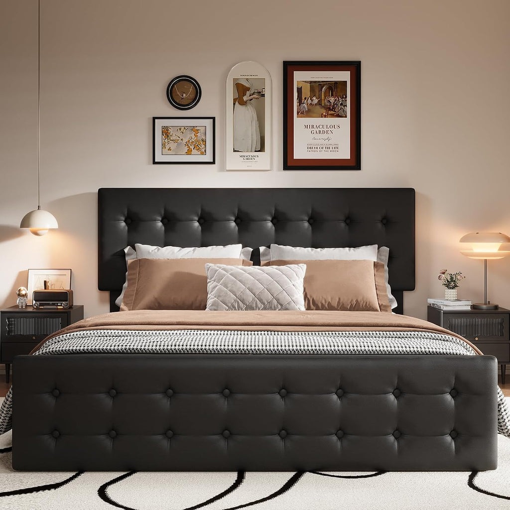 King Size Platform Bed Frame with 4 Storage Drawers & Headboard, Faux Leather Upholstered, Button Tufted Design, Wooden Slats Support, Noise-Free Mattress Foundation, No Box Spring Needed, Black