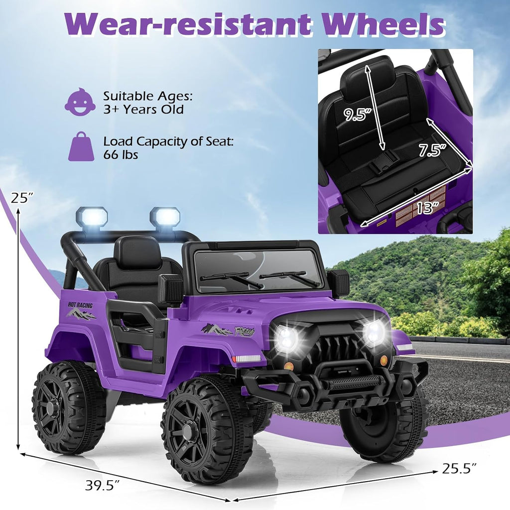 OLAKIDS Ride on Truck, 12V Battery Powered Electric Vehicle for Kids with Remote Control, Bluetooth, Power Display, LED Lights, Music Player, Ride on Toy for 3+ Boys Girls (Purple)