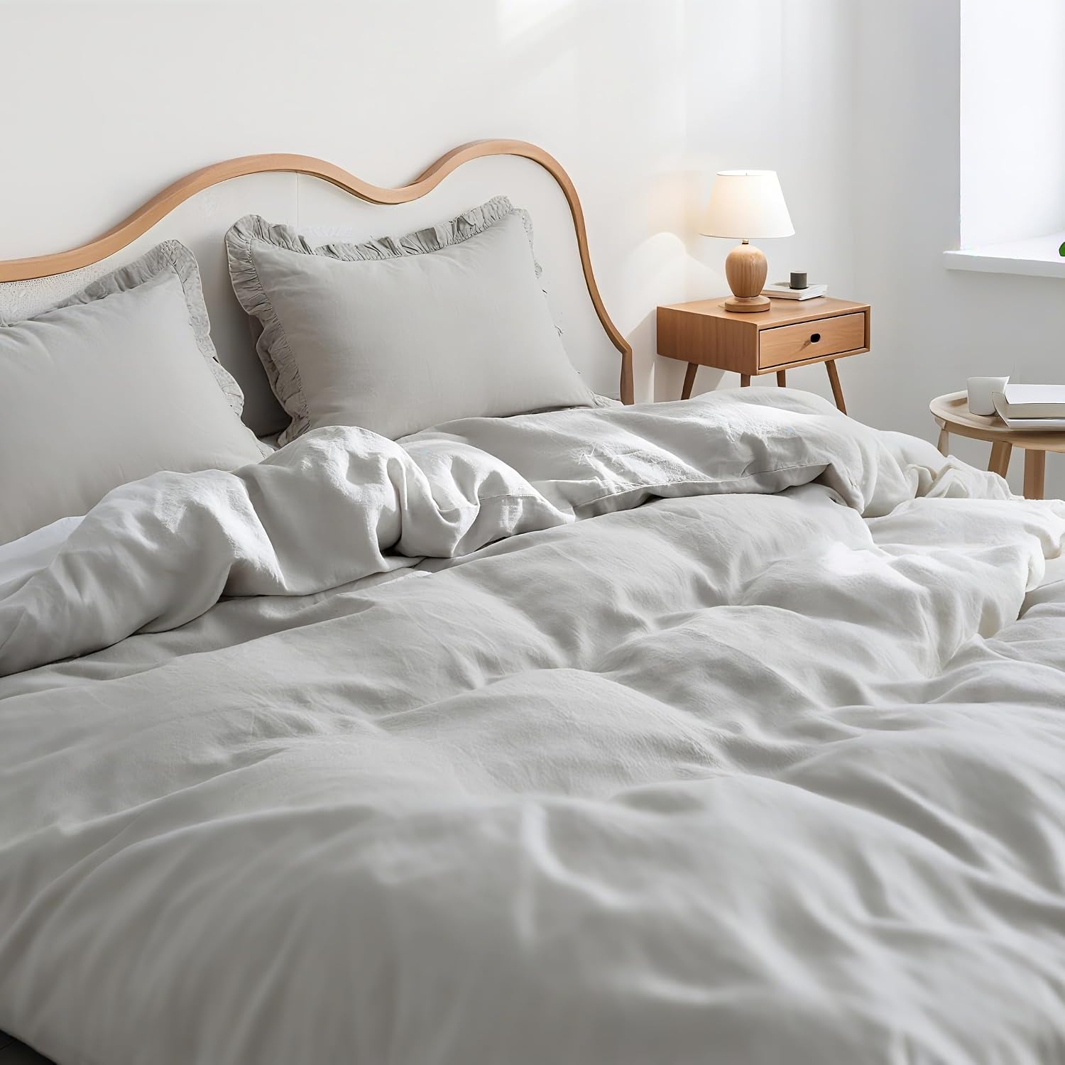 Simple&Opulence 100% Linen Duvet Cover Set, 3 PCS Natural French Flax Light Grey Ruffle Duvet Cover Queen Size, Breathable Comfy Linen Bedding Comforter Cover with 2 Pillowcases(Light Grey, 88' X 92')