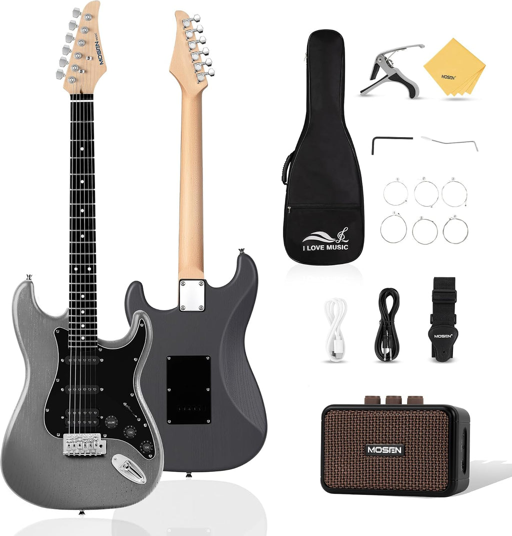 MOSEN 39' Electric Guitar Kit, Complete Beginner Starter Set with Amp & HSS Pickups, All Accessories Included, Ideal Gift for Music Lovers, Home Practice Ready – Grey&Black