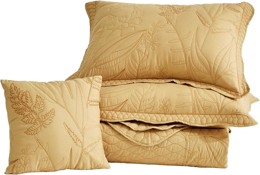 DaisyHuang Botanical Oversized Bedspread King Size - Leaves Pattern Stitching Quilt Set - Elegant & Fresh Style Bedding Coverlets, Reversible, Lightweight, 5 Piece, Honey Gold