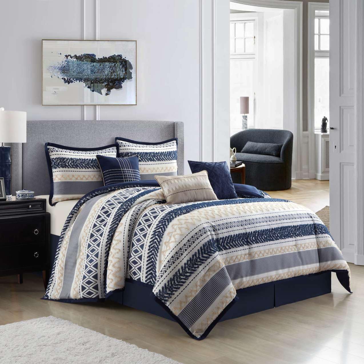 Grand Avenue Navy Striped King Size Comforter Set, 7 Piece, Jacquard & Clip Bedding Sets & Collections, Matching Shams, Bedskirt, Decorative Pillows
