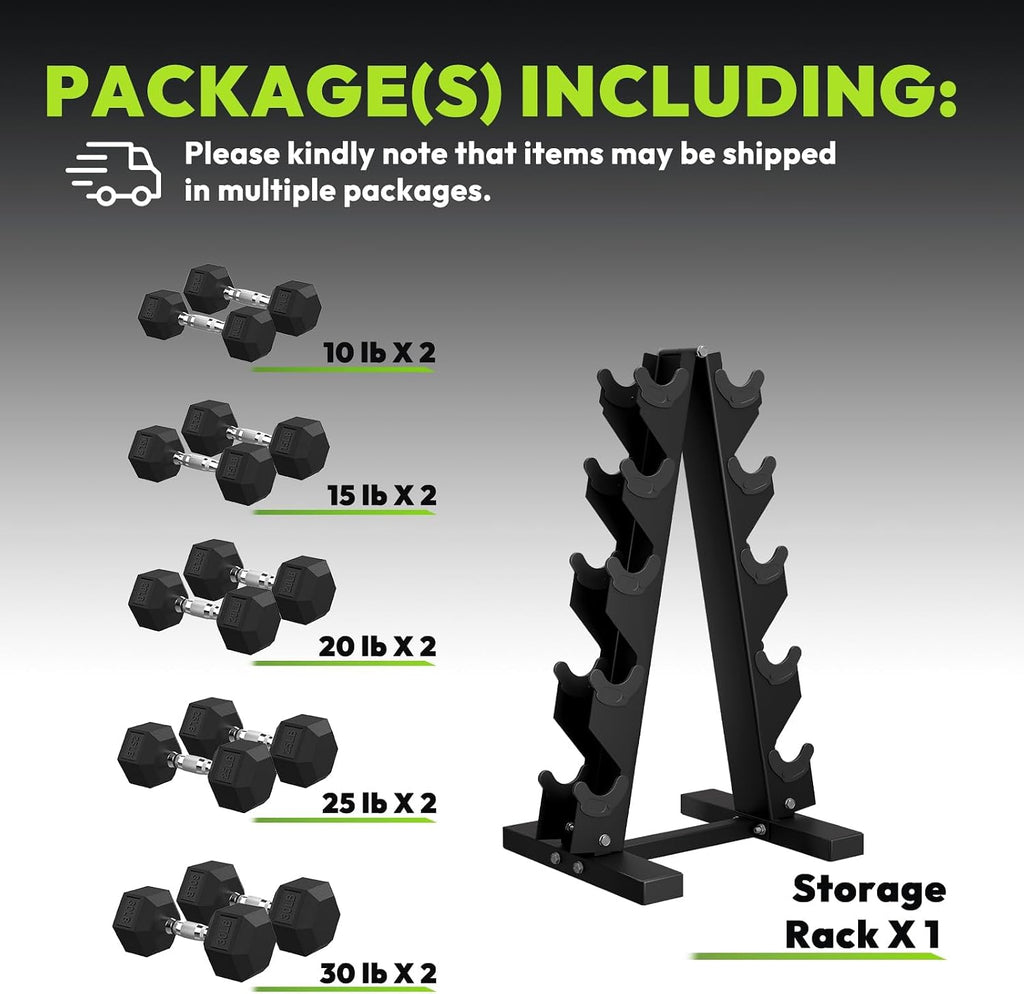 HANDBODE Rubber Coated Hex Dumbbell Set with A-Frame Rack, 100 lb - 550 lb Multiple Options Weight, Hexagon Non-Rolling Shape, Ergonomic Knurled Handle, Home Gym Equipment for Strength Training