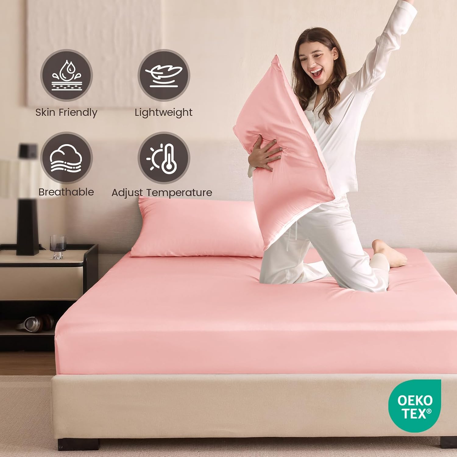 THXSILK 6A+ Top Grade 100% Pure Mulberry Silk King Fitted Sheet 3Pcs Set Bed Sheets Luxury Bedding for Hair and Skin Healthy Natural Materials, 1 Fitted Sheet with 2 Pillowcases, Charming Pink