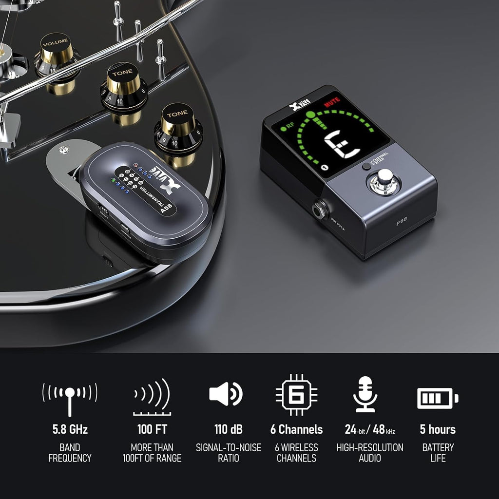 Xvive P58 Wireless Guitar Pedal System 5.8GHz Wireless Guitar Transmitter and Chromatic tuner Pedal Receiver for Active or Passive Pickup Bass Guitar Piezo-Electric Acoustic Guitar