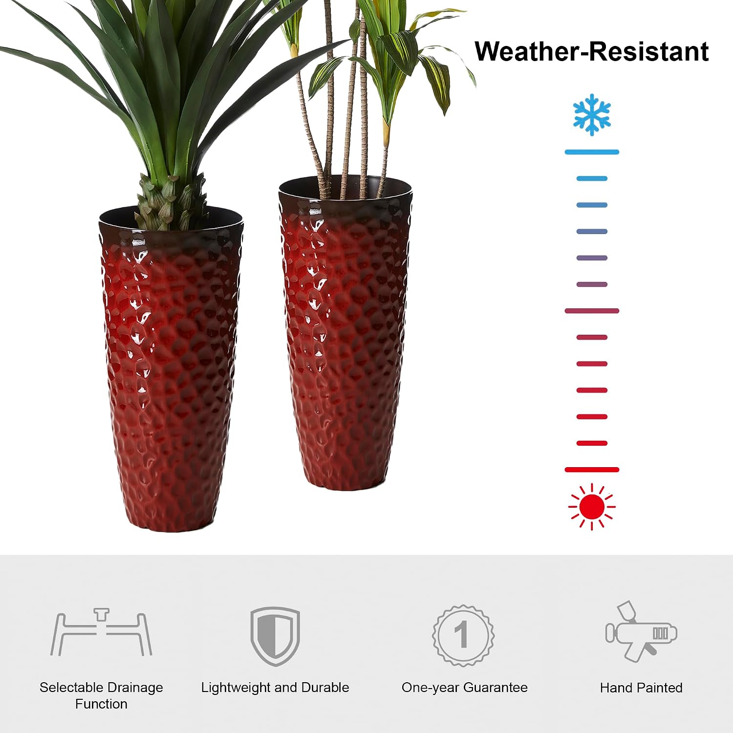Glitzhome 31' H Large Plastic Tall Planters,Set of 2 Honeycomb Textured Gradient Red Tall Plant Pots with Drainage Holes,Oversized Planters Flower Pots for Indoor Outdoor Front Porch Patio