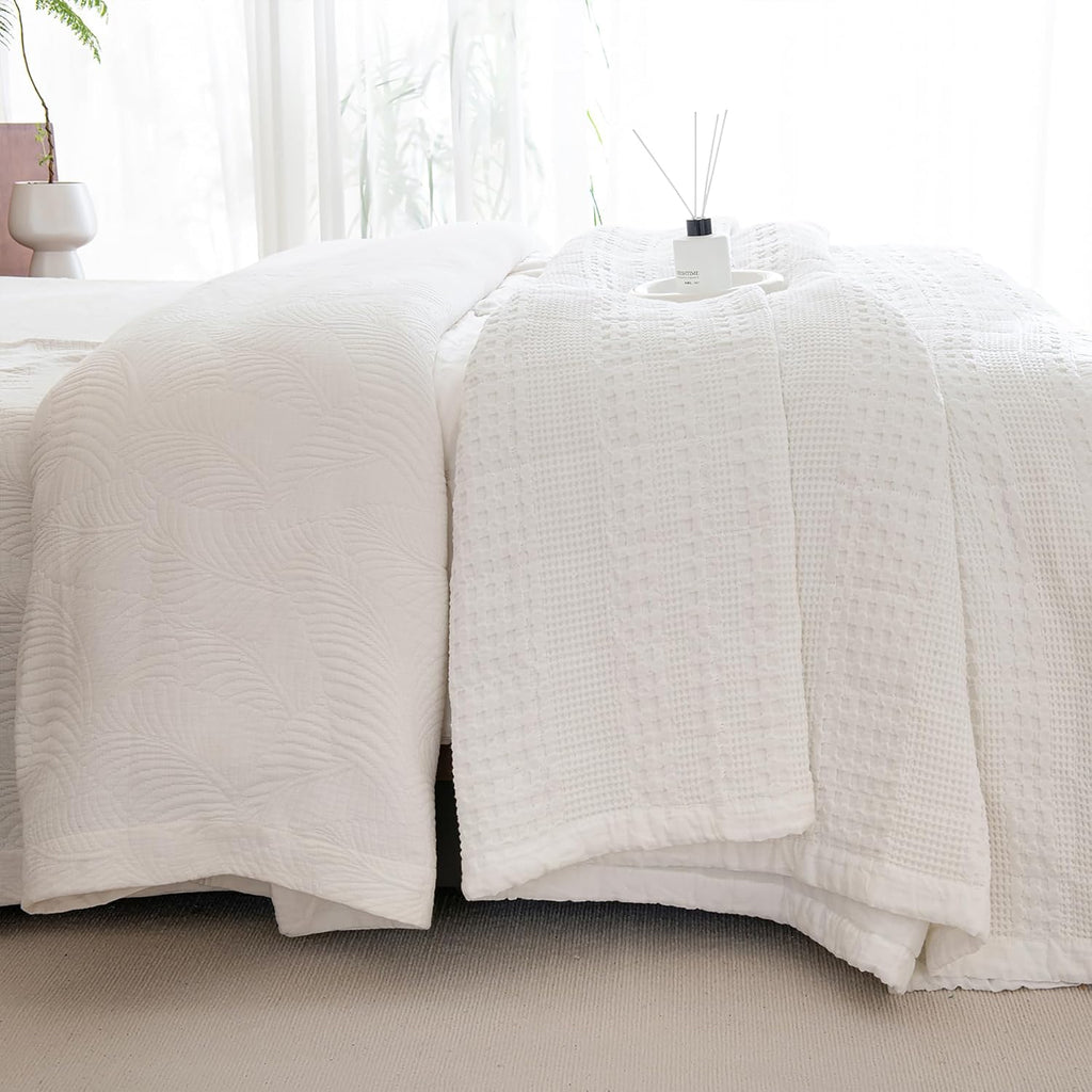 Sanracie Cotton Quilt King Size(110'x98'), White Waffle Quilted Bedspread Sets,3Pcs Farmhouse King Quilt Bedding Set, Ultra Soft Boho Coverlet Quilt Set Shabby Vintage Chic Bedding