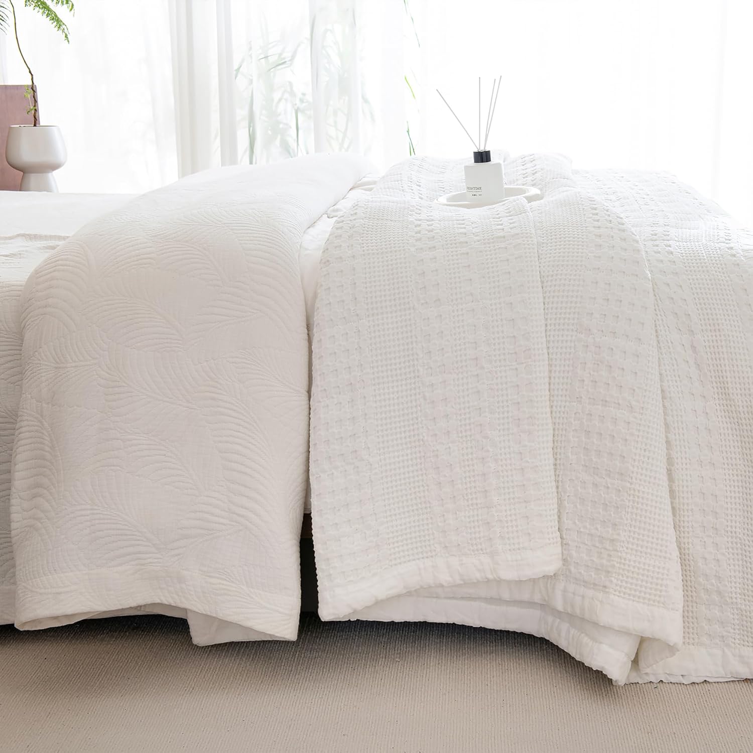 Sanracie Cotton Quilt King Size(110'x98'), White Waffle Quilted Bedspread Sets,3Pcs Farmhouse King Quilt Bedding Set, Ultra Soft Boho Coverlet Quilt Set Shabby Vintage Chic Bedding