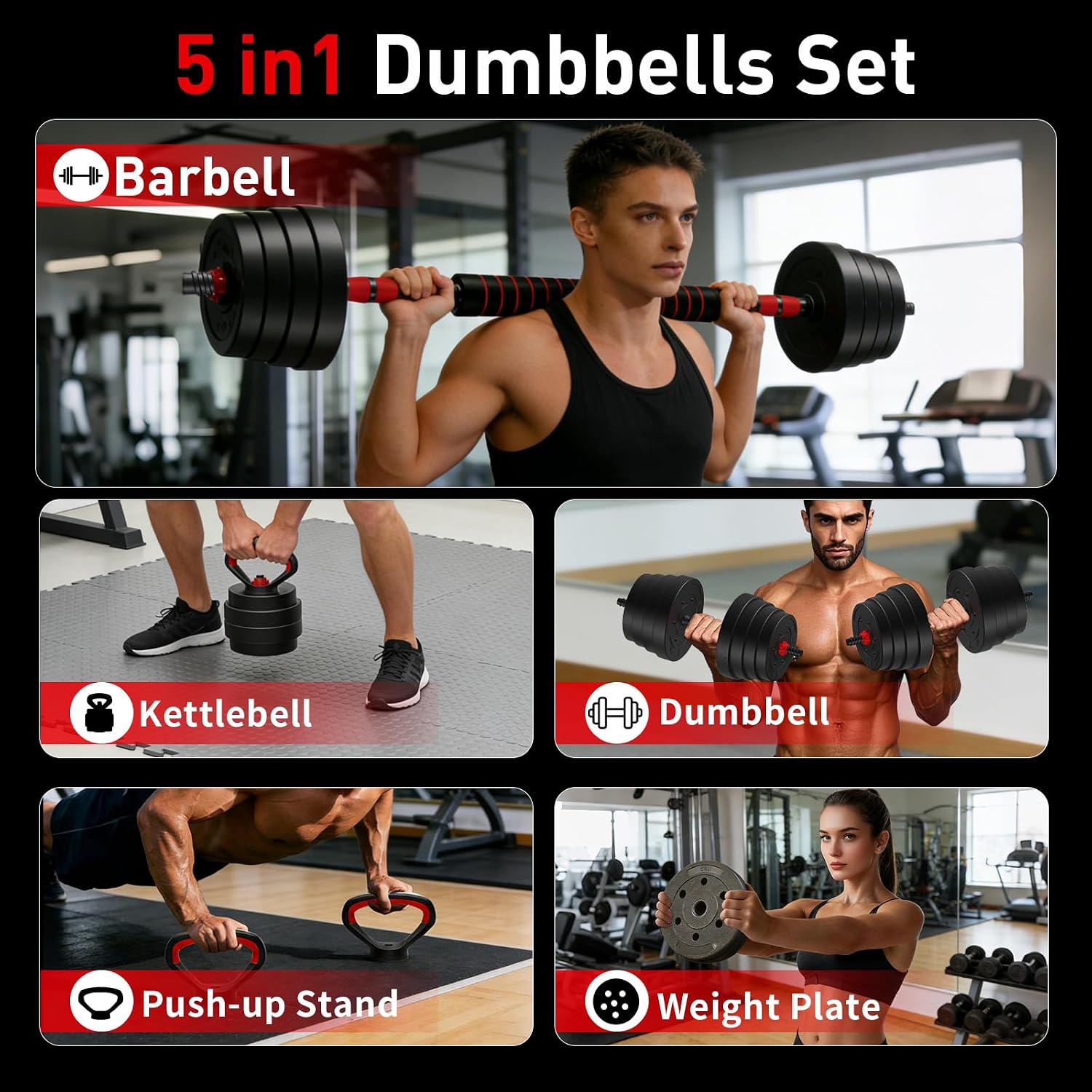 Adjustable Dumbbells, 90 LB/75 LB/45 LB/25 LB with Connector, 5 in 1 Weight Set Used as Kettlebells, Barbell, Push up Stand, Fitness Exercises for Home Gym