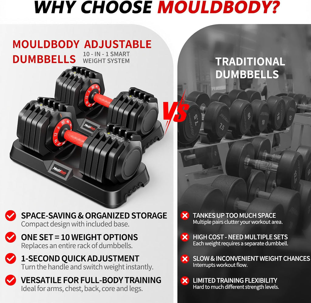 Adjustable Dumbbell Set Pair 25 lb or 50 lb, Adjustable Dumbbells 10-in-1 Free Weight Set, 1-Second Dial Weight Adjustment,Space-Saving Design with Storage Base, Home Gym Strength Training Equipment