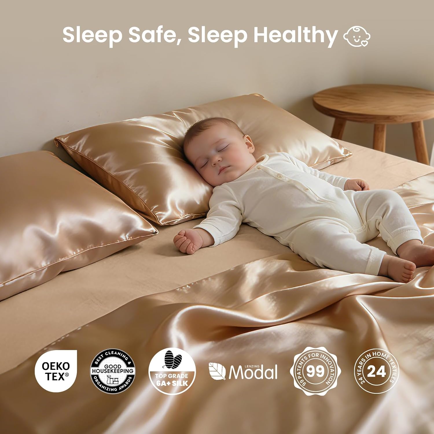THXSILK Luxury Mulberry Silk Bed Sheets Set - 4pcs Silk Sheets Set 16' Deep Pocket - 1 Fitted Sheet, 1 Flat Sheet, 2 Pillowcases with Zipper Closure - Full, Champagne