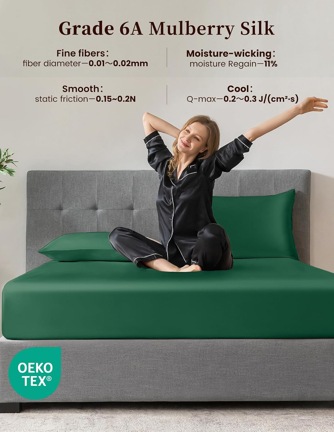 THXSILK 100% Mulberry Silk Bed Sheet Set - 3pcs Pure Silk Sheet Set - 16' Deep Pocket Fitted Sheet, 2 Pack Silk Pillowcase with Zipper Closure - Full Size, Emerald Green