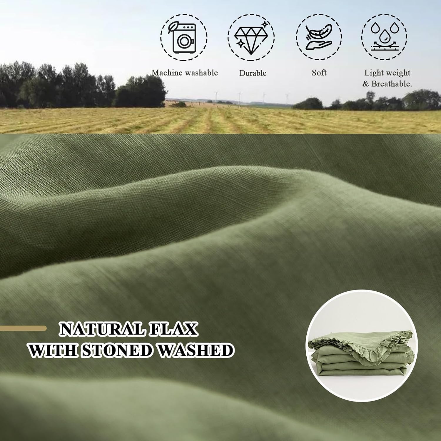 Simple&Opulence 100% Linen Duvet Cover Set, 3 PCS Natural French Flax Sage Green Ruffle Duvet Cover Full Size, Breathable Comfy Linen Bedding Comforter Cover with 2 Pillowcases (Sage Green, 78' X 86')