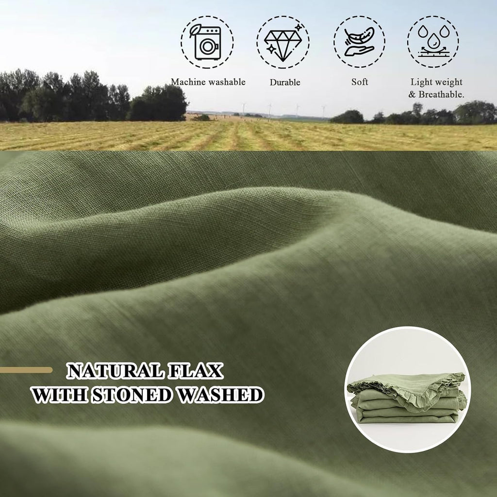 Simple&Opulence 100% Linen Duvet Cover Set, 3 PCS Natural French Flax Sage Green Ruffle Duvet Cover King Size, Breathable Comfy Linen Bedding Comforter Cover with 2 Pillowcases(Sage Green, 104' X 92')