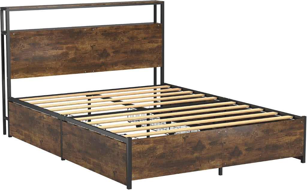 Panana Full/Queen Size Bed Frame with 4 Storage Drawers and Headboard, 2 Tier Shelves Headboard Storage, with Slats, Noise Free, No Box Spring Needed (Vintage Brown, Full)