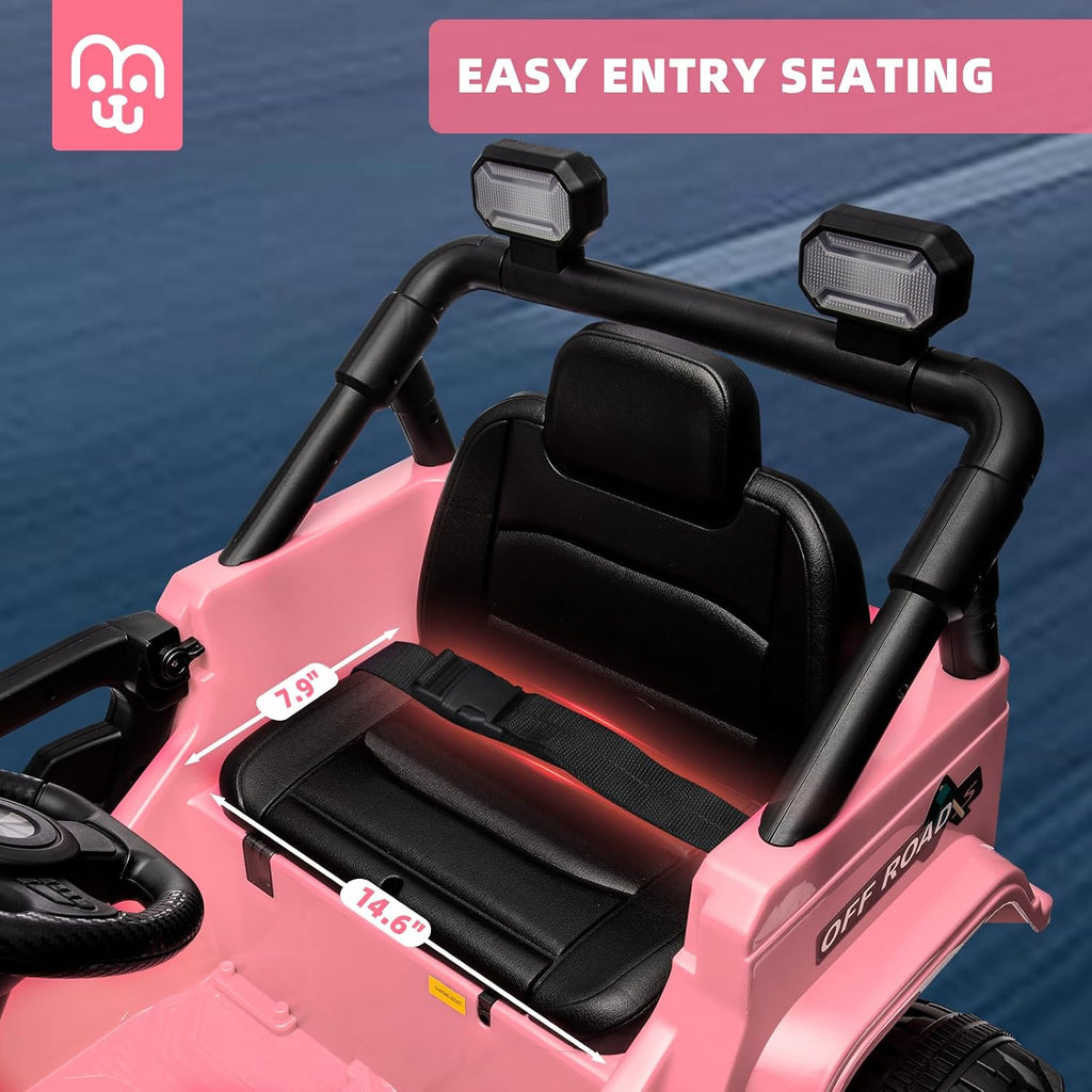 MINIATURE MOTORS 12V Kids Electric Ride on Truck Car Remote Control, Twin 35W Motors 3.5MPH Max Speed, Bluetooth Music Player, 4 Wheels Suspension LED Lights Safety Belt Gift for Boys Girls-Light Pink