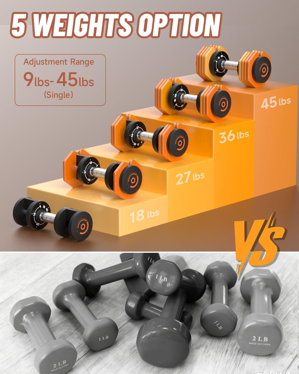Adjustable Dumbbells Set 45LB Single, 1-Sec Fast Adjustable 5 Weights by Turning Handle, Premium Comfort Non-slip Metal Dumbbells with Tray, Compact Size for Full Body Home Workout