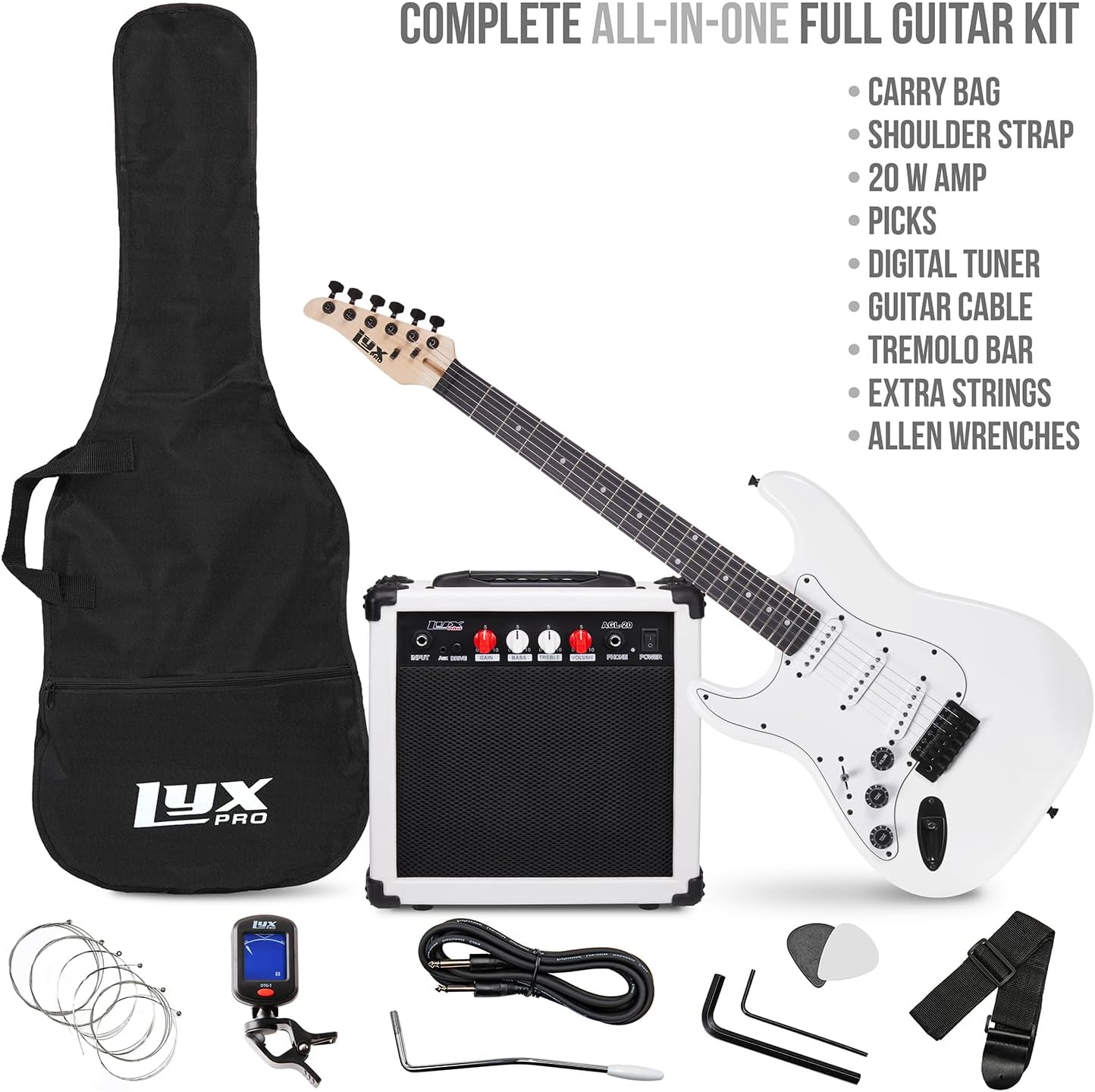LyxPro Left Hand 39 Inch Electric Guitar and Starter Kit for Lefty Full Size Beginner's Guitar, Amp, Six Strings, Two Picks, Shoulder Strap, Digital Clip On Tuner, Guitar Cable and Soft Case - White