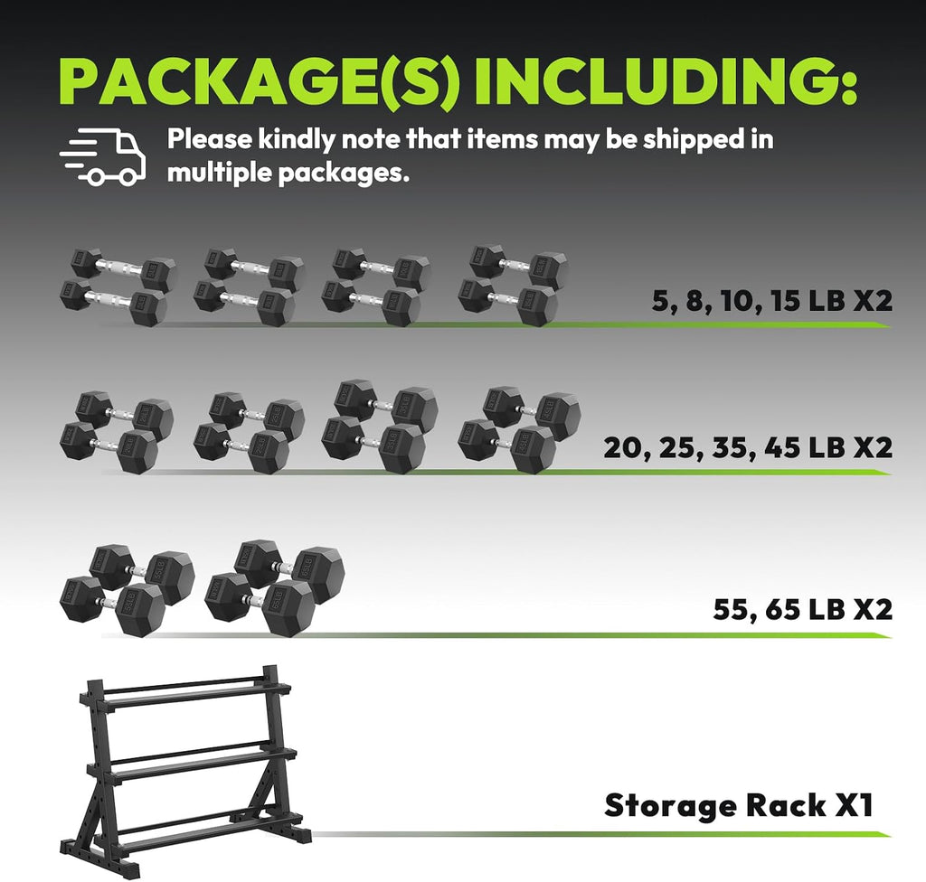 HANDBODE Hex Dumbbell Set with Rack, 300-840 lb Rubber Coated Fixed Weights Sets with Heavy Duty Storage Stand, Hexagon Shape, Multiple Weight Options Home Gym Equipment for Strength Training