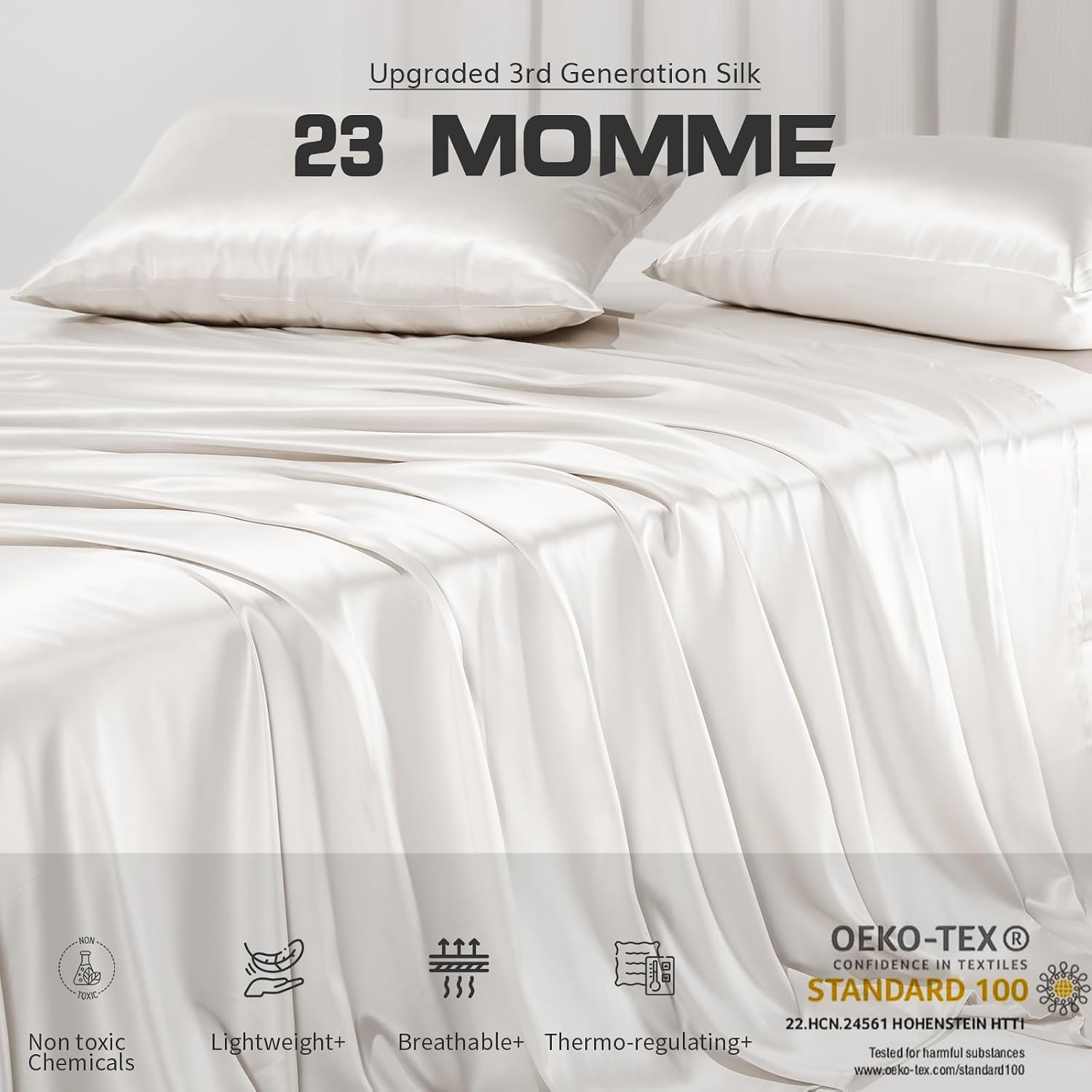 PROMEED 100% Mulberry Silk Sheets Set - 4 PCS, 23 Momme Silk Bedding Set with Flat Sheet, Fitted Sheet and Pillowcases (White, King)