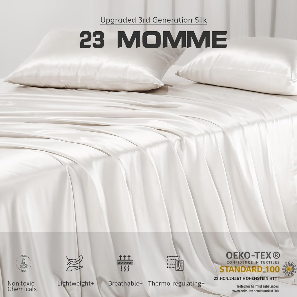 PROMEED 100% Pure Mulberry White Silk Sheet Set 4pcs, 23 Momme Grade 6A+ Silk Bed Sheets Set with Cooling Sheets and Pillowcases (White, Queen)