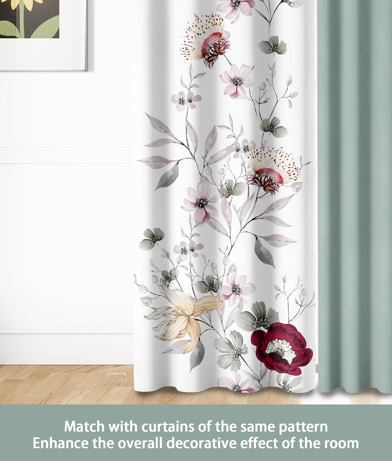 9 Pcs King Bed in A Bag with Curtains | Green/Red Floral Bedspread, 2 Pillowcases, 2 Print & 4 Solid Curtains | Microfiber, Moisture-Wicking | King Size Comforter Set with Curtains