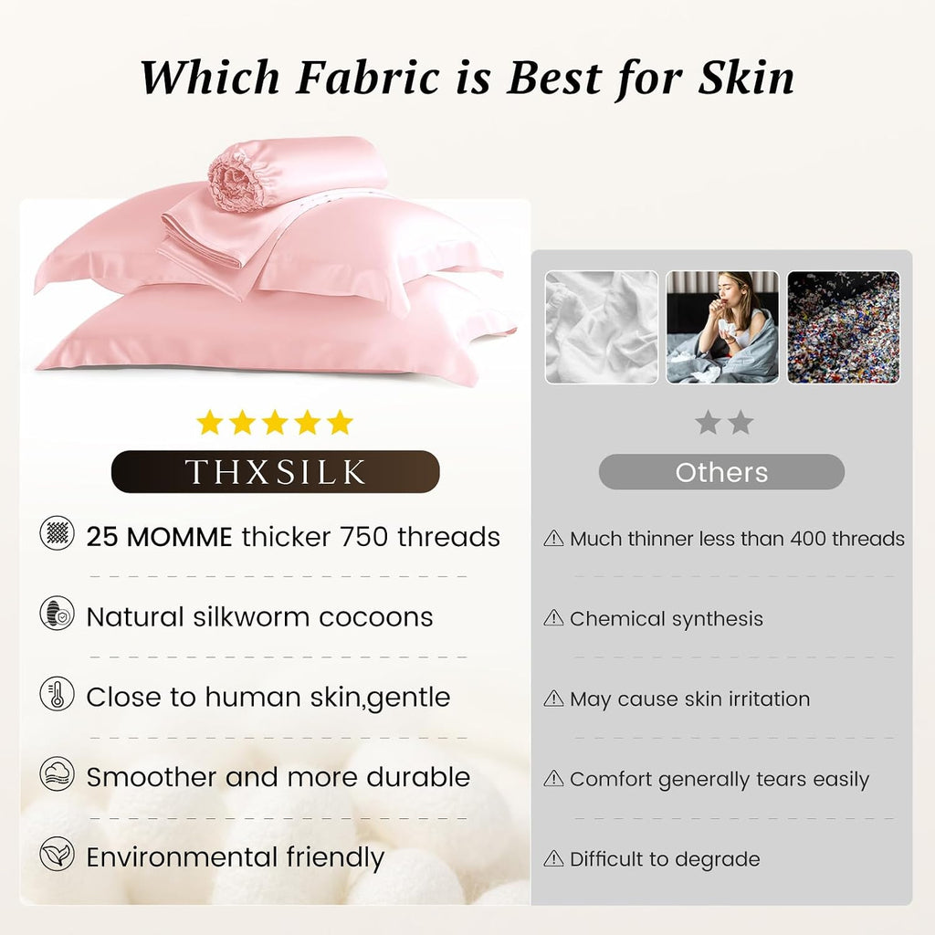 THXSILK Silk Sheet Set 4 Pcs, 25 Momme 100% Top Grade Pure Mulberry Silk Bed Sheets Luxury Bedding Sets Ultra Soft Durable, 1 Fitted Sheet, 1 Flat Sheet and 2 Pillow Shams (Cal. King, Charming Pink)
