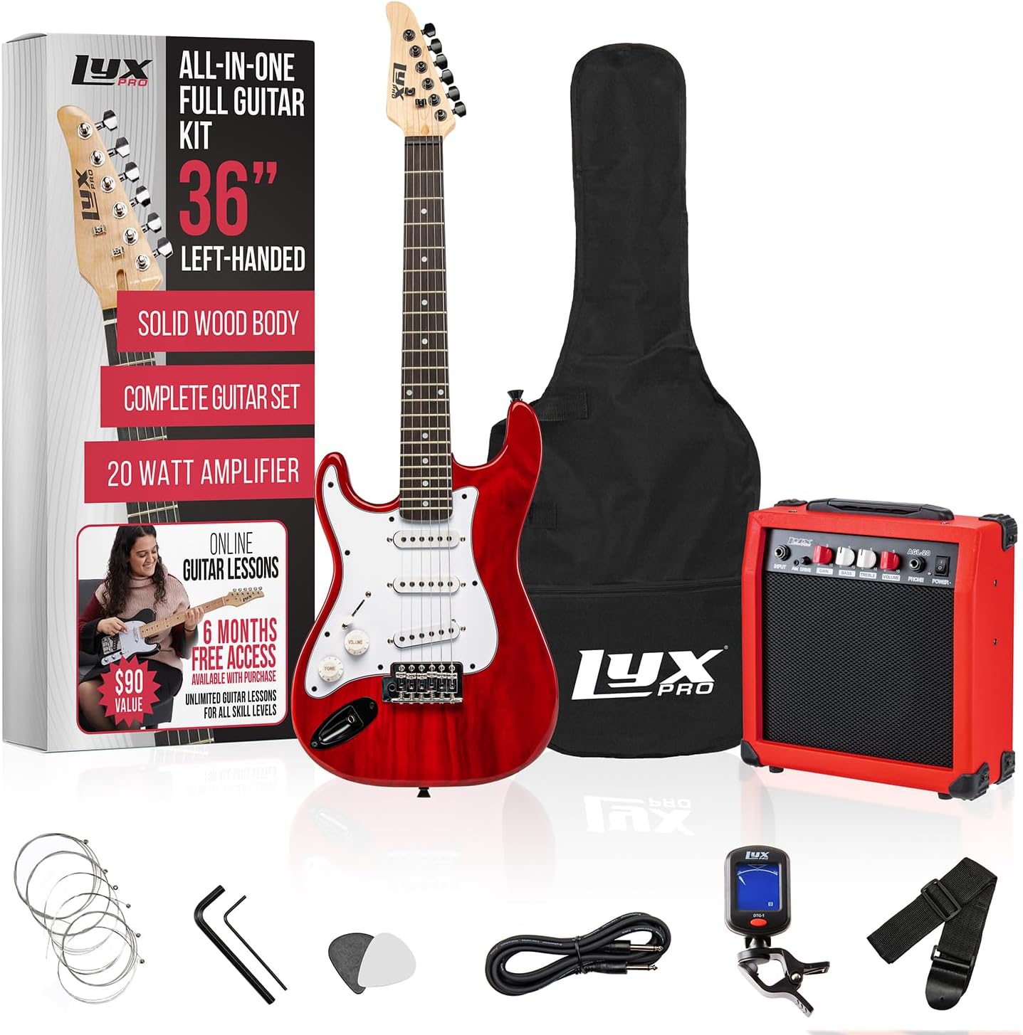 LyxPro Left Hand 36 Inch Electric Guitar and Kit for Lefty Kids with 3/4 Size Beginner's Guitar, Amp, Six Strings, Two Picks, Shoulder Strap, Digital Clip On Tuner, Cable and Soft Case Gig Bag - Red