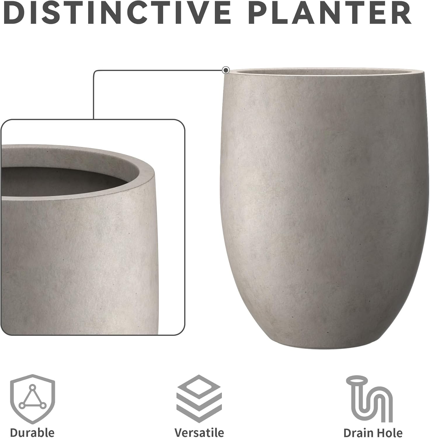 Kante 21.7' H Weathered Concrete Tall Planter, Large Outdoor Indoor Decorative Pot with Drainage Hole and Rubber Plug, Modern Round Style for Home and Garden
