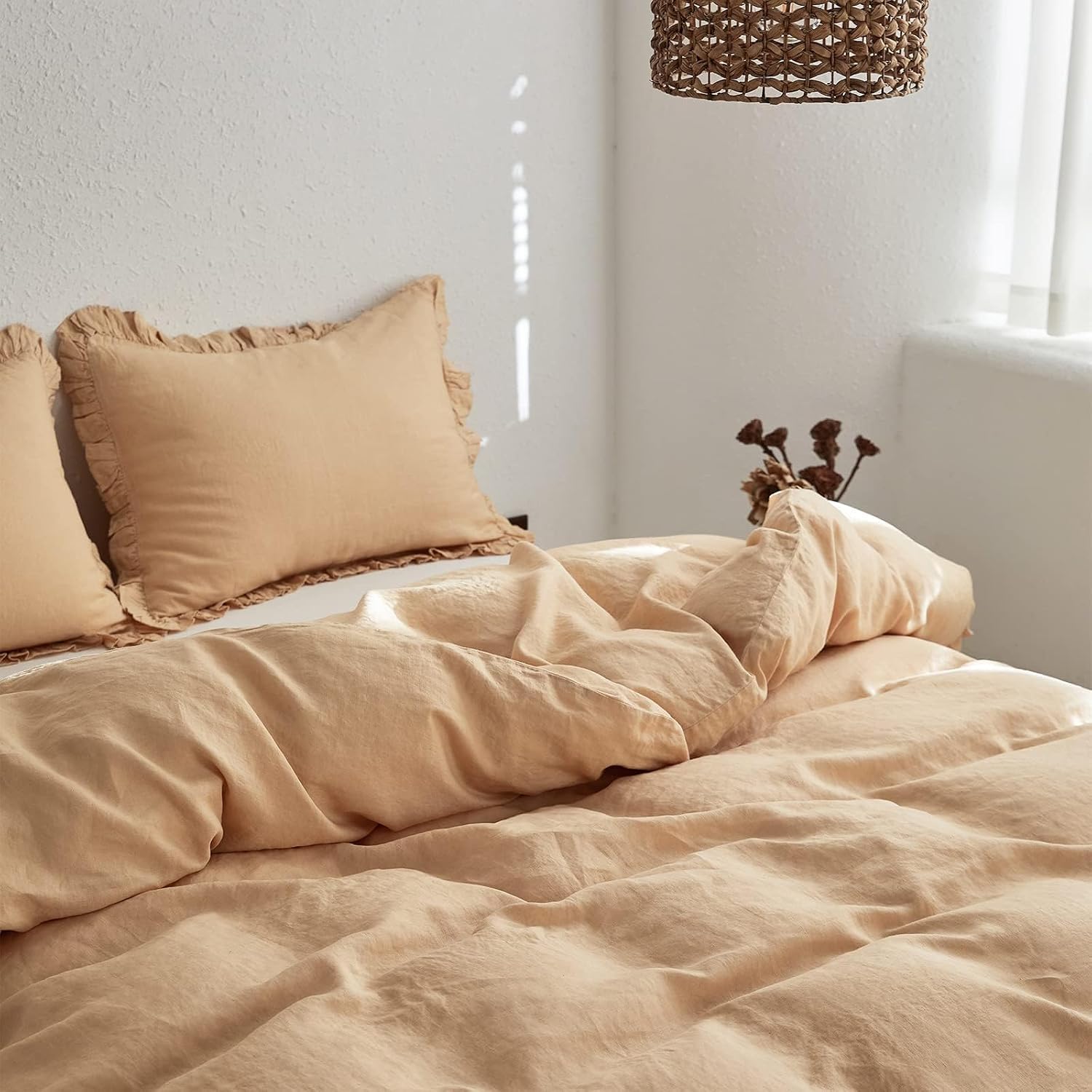 Simple&Opulence 100% Linen Duvet Cover Set, 3 PCS Natural French Flax Sand Ruffle Duvet Cover Full Size, Breathable Comfy Linen Bedding Comforter Cover with 2 Pillowcases (Sand, 78' X 86')