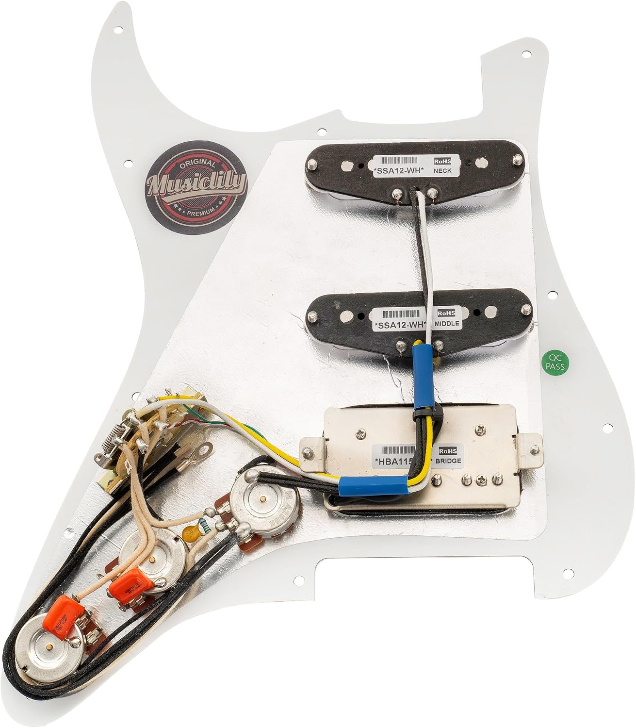 Musiclily Pro Auto-Split HSS Loaded Pickguard ST Prewired Pickguard with Artec Alnico 5 Single Coil Humbucker Pickups for American/Mexico Import Squier Strat Electric Guitar, 3ply White