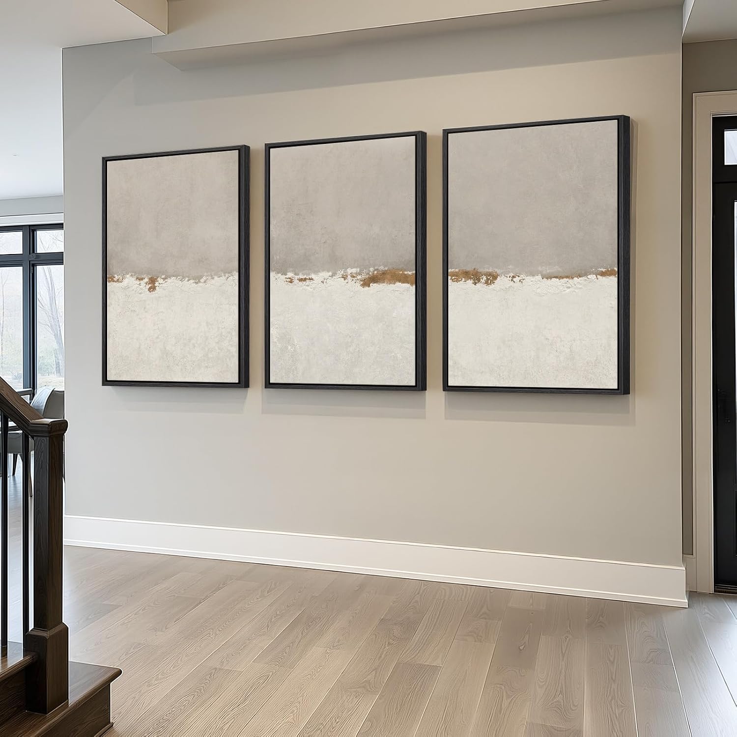 Large Framed Neutral Abstract Wall Art for Living Room, 3 Piece Modern Canvas Prints Paintings Artwork for Walls, Minimalist Beige Abstract Horizon Pictures for Hallway, Office Wall Decor 24x36 In