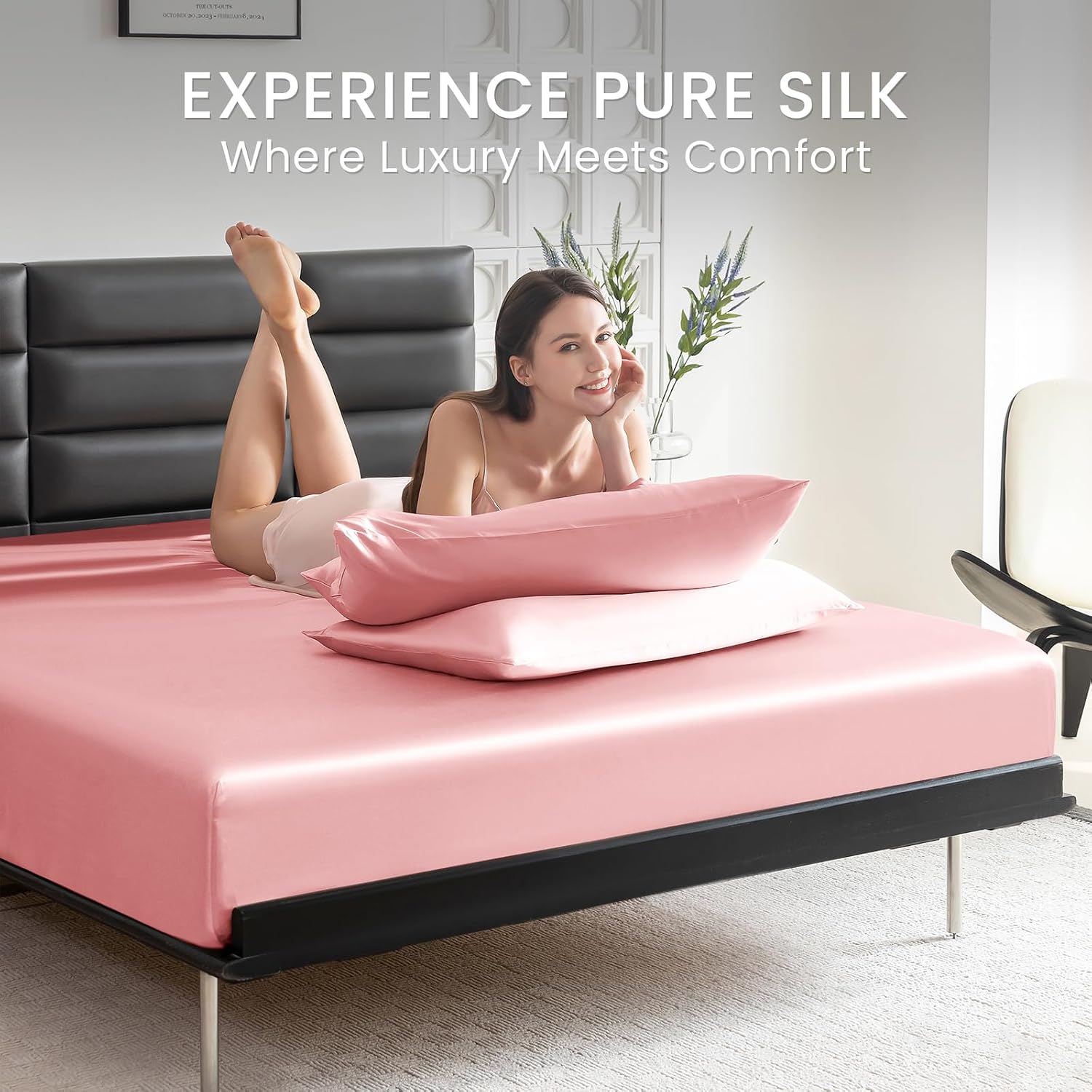 THXSILK Silk Sheet Set 4 Pcs, King Size Sheet Set, 22 Momme 7A+ Silk Sheets, Soft and Breathable Bed Sheets with 1 Flat Sheet, 1 Fitted Sheet, 2 Pillow Shams, Charming Pink